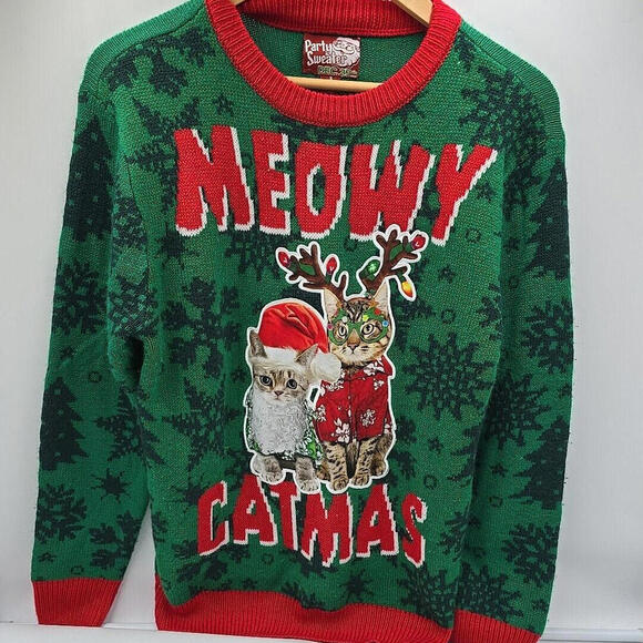 Ugly Christmas Party Sweater December 25 Meowy‎ Catmas Retro S Reindeer Cats - Picture 1 of 12